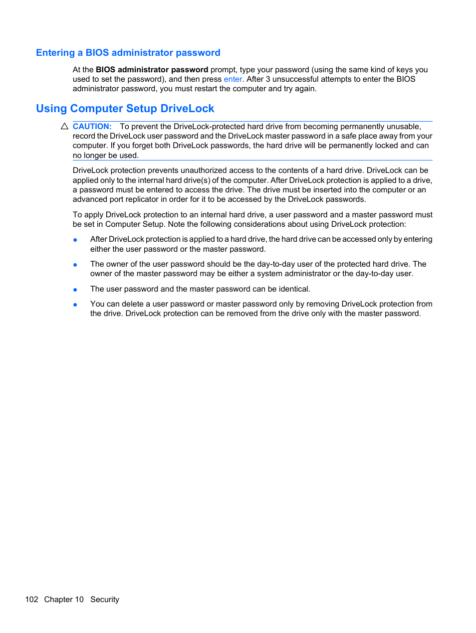 Entering a bios administrator password, Using computer setup drivelock | HP EliteBook 8740w Mobile Workstation User Manual | Page 114 / 152