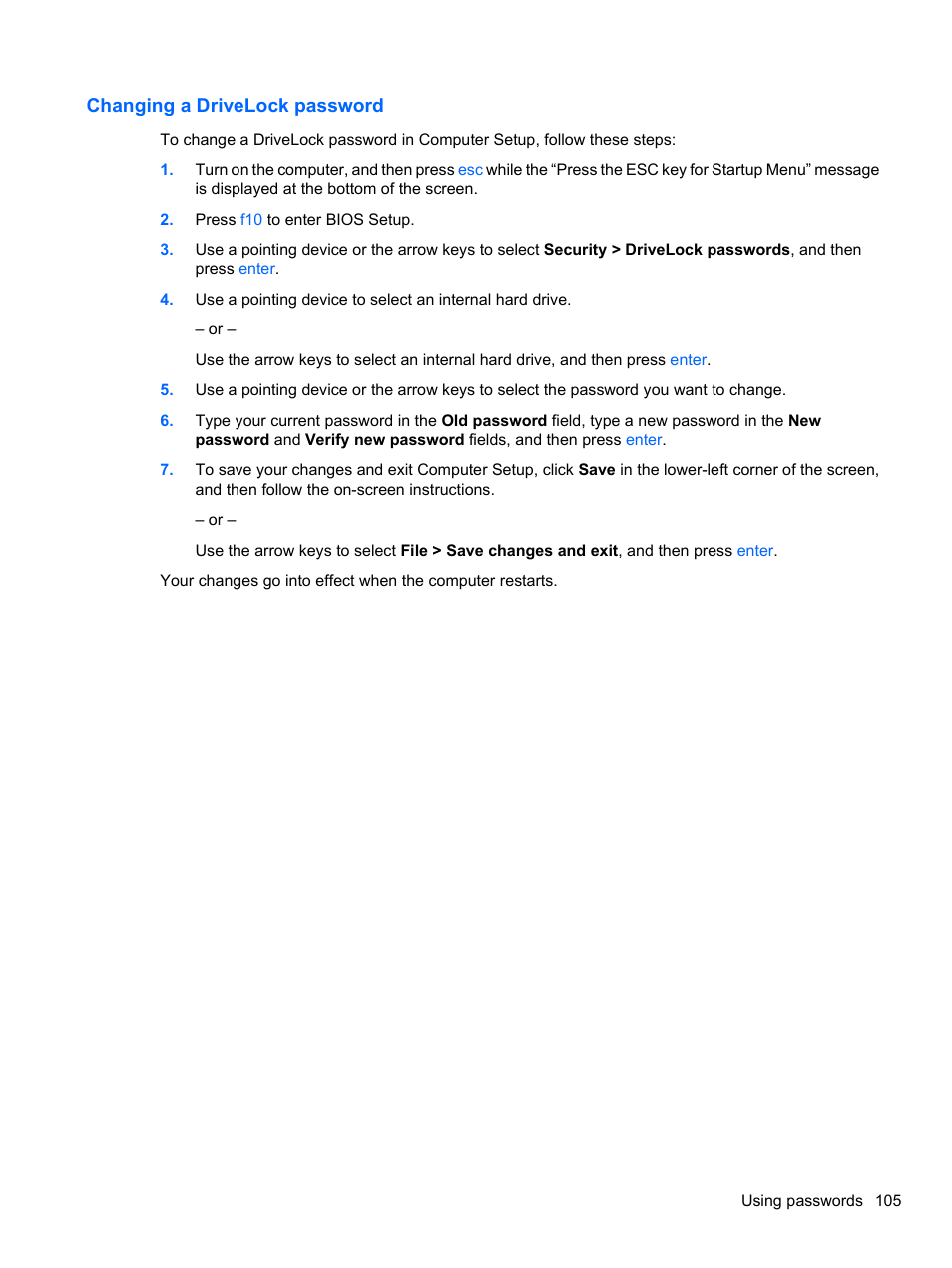 Changing a drivelock password | HP EliteBook 8740w Mobile Workstation User Manual | Page 117 / 152