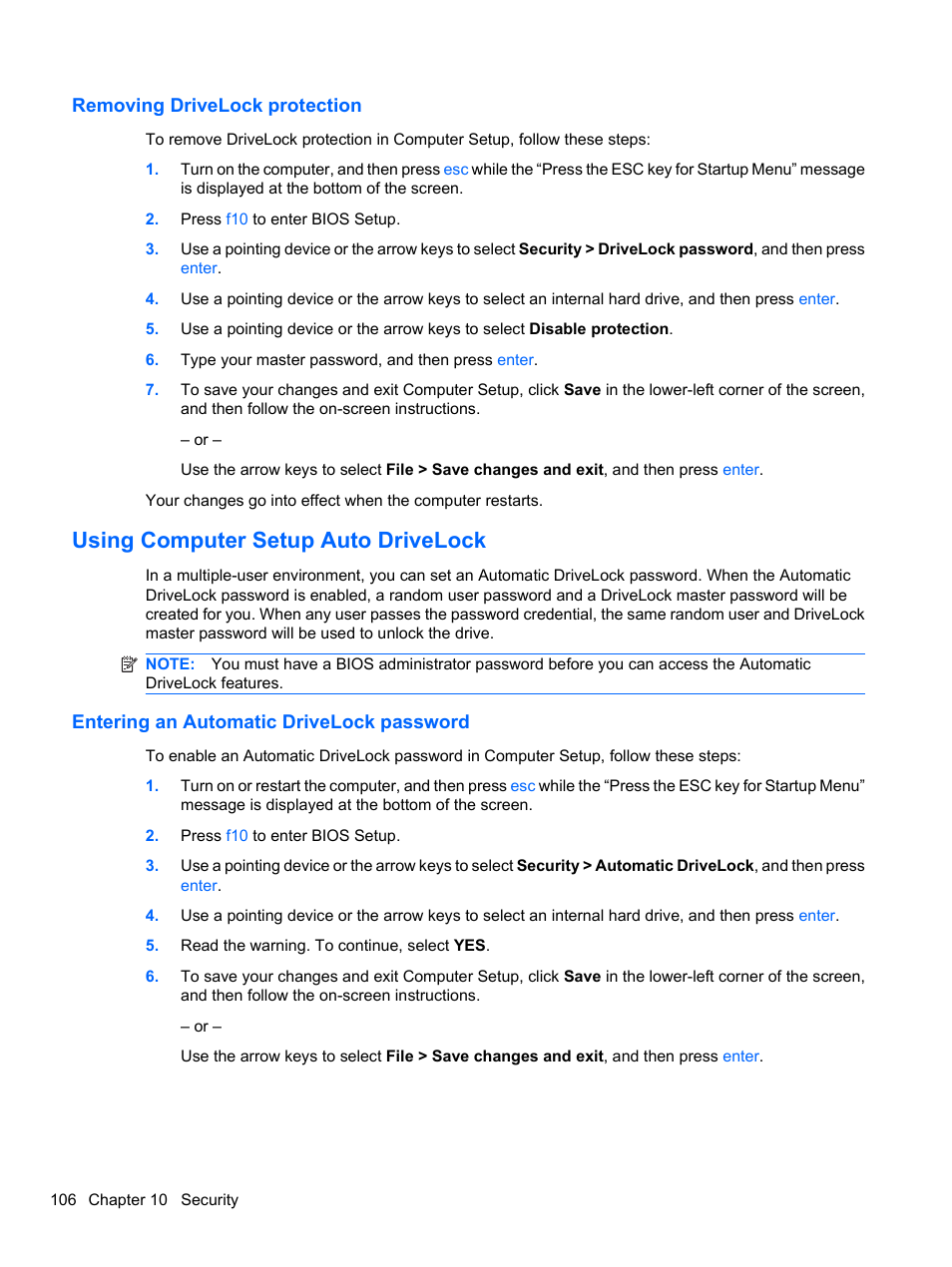 Removing drivelock protection, Using computer setup auto drivelock, Entering an automatic drivelock password | HP EliteBook 8740w Mobile Workstation User Manual | Page 118 / 152