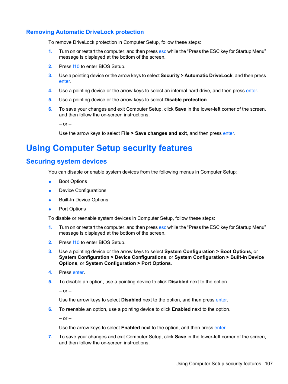 Removing automatic drivelock protection, Using computer setup security features, Securing system devices | HP EliteBook 8740w Mobile Workstation User Manual | Page 119 / 152