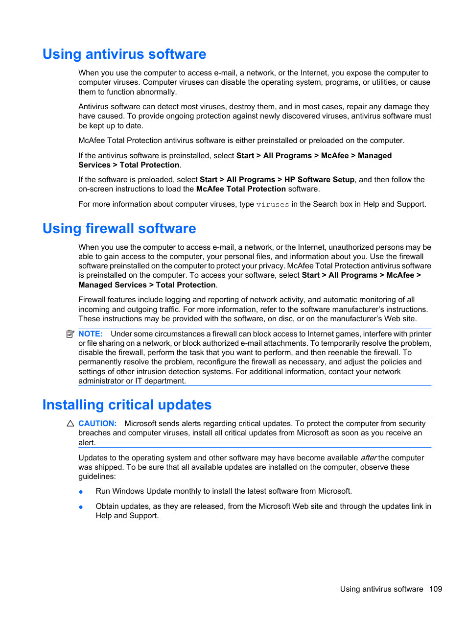 Using antivirus software, Using firewall software, Installing critical updates | HP EliteBook 8740w Mobile Workstation User Manual | Page 121 / 152