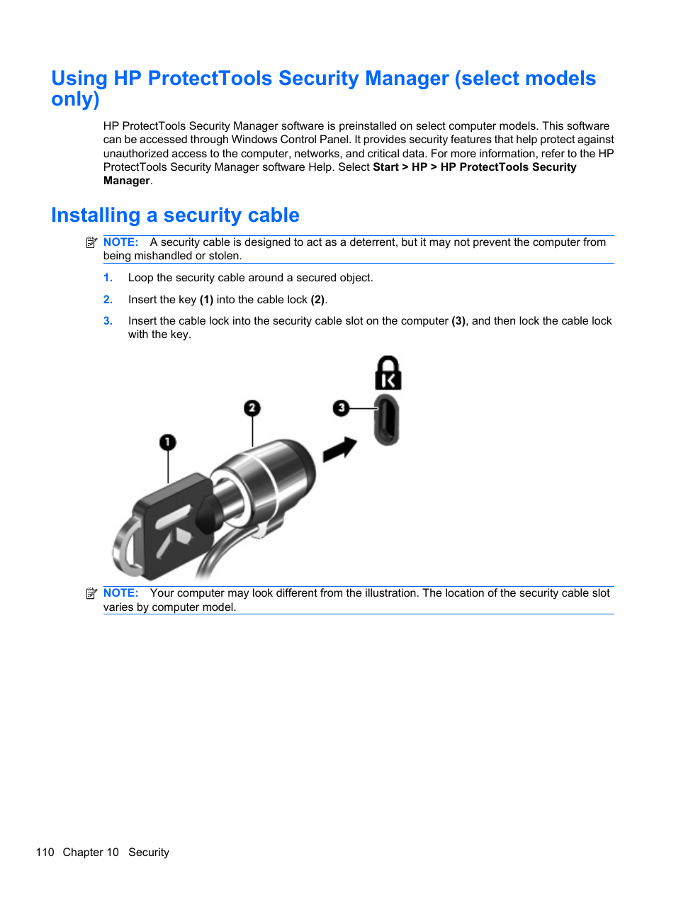 Installing a security cable | HP EliteBook 8740w Mobile Workstation User Manual | Page 122 / 152