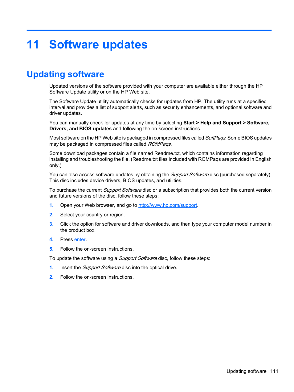 Software updates, Updating software, 11 software updates | HP EliteBook 8740w Mobile Workstation User Manual | Page 123 / 152