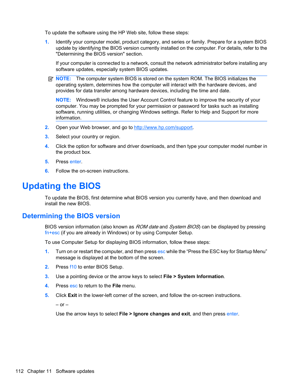 Updating the bios, Determining the bios version | HP EliteBook 8740w Mobile Workstation User Manual | Page 124 / 152