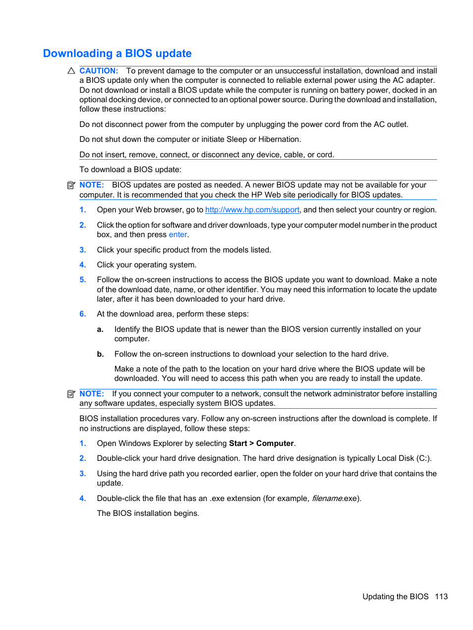 Downloading a bios update | HP EliteBook 8740w Mobile Workstation User Manual | Page 125 / 152