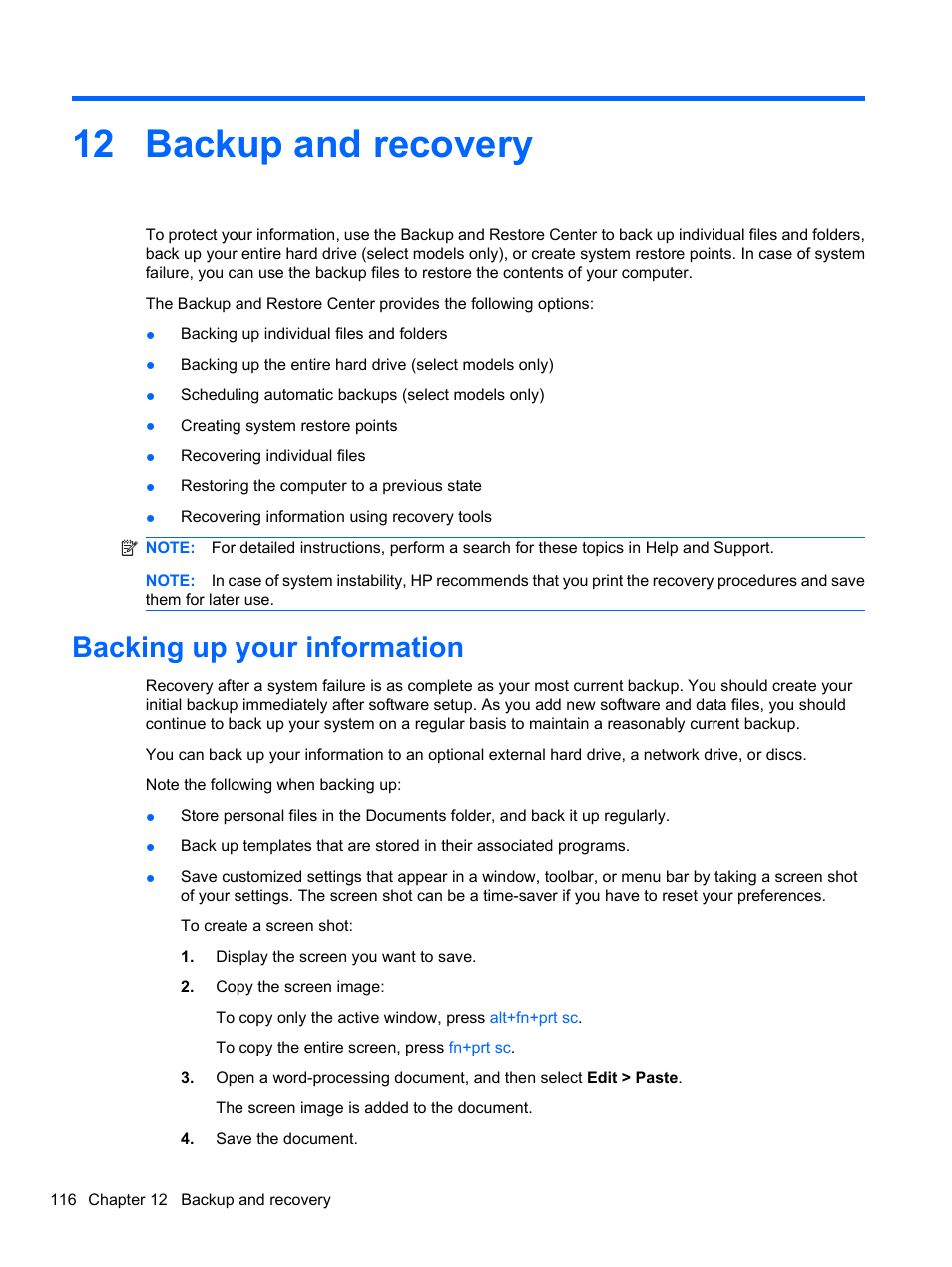 Backup and recovery, Backing up your information, 12 backup and recovery | HP EliteBook 8740w Mobile Workstation User Manual | Page 128 / 152