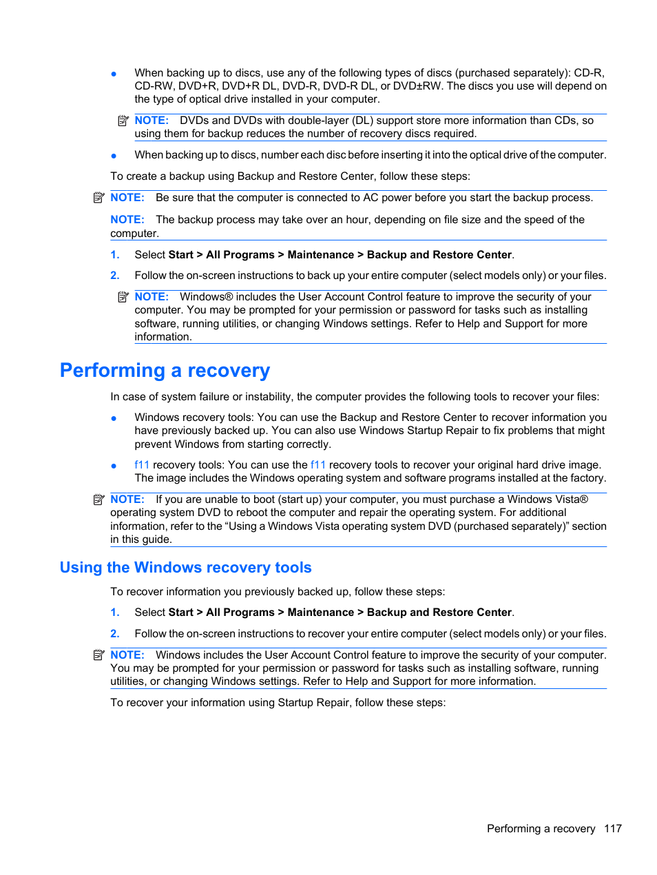 Performing a recovery, Using the windows recovery tools | HP EliteBook 8740w Mobile Workstation User Manual | Page 129 / 152