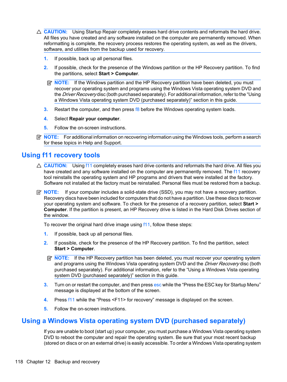 Using f11 recovery tools | HP EliteBook 8740w Mobile Workstation User Manual | Page 130 / 152