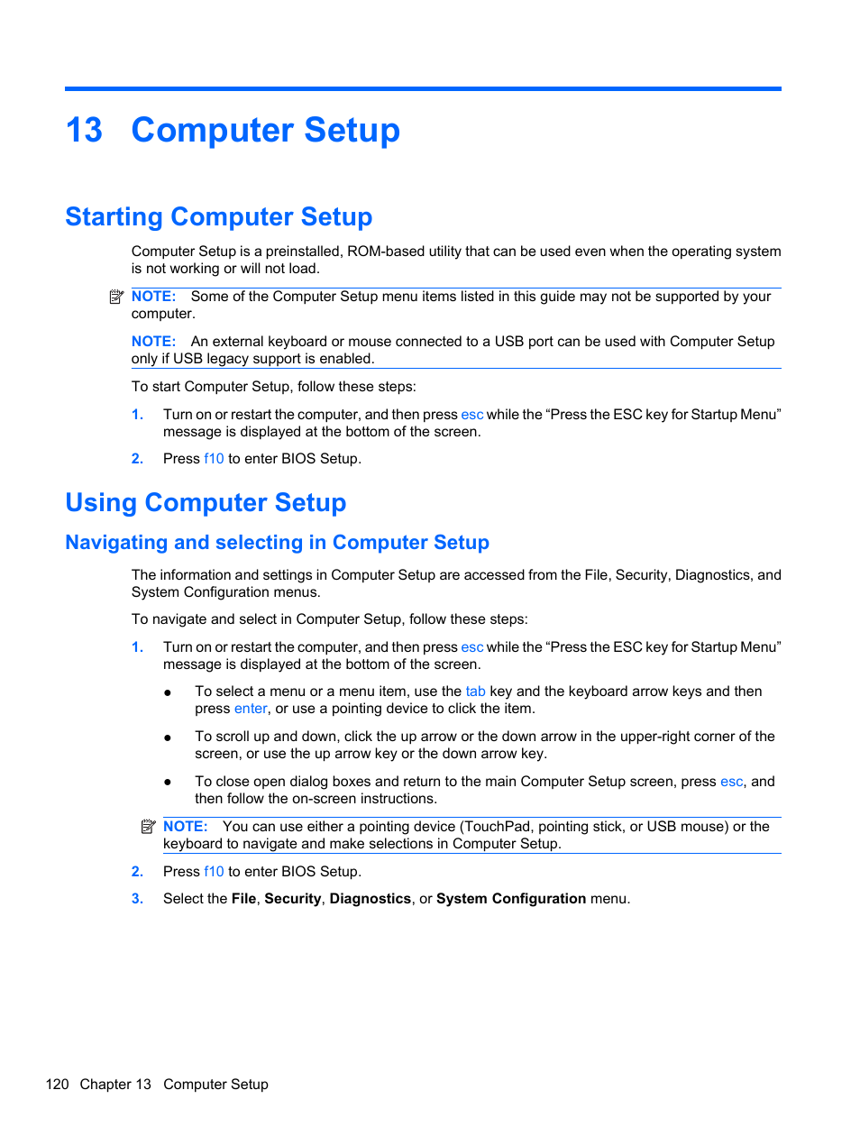 Computer setup, Starting computer setup, Using computer setup | Navigating and selecting in computer setup, 13 computer setup, Starting computer setup using computer setup | HP EliteBook 8740w Mobile Workstation User Manual | Page 132 / 152