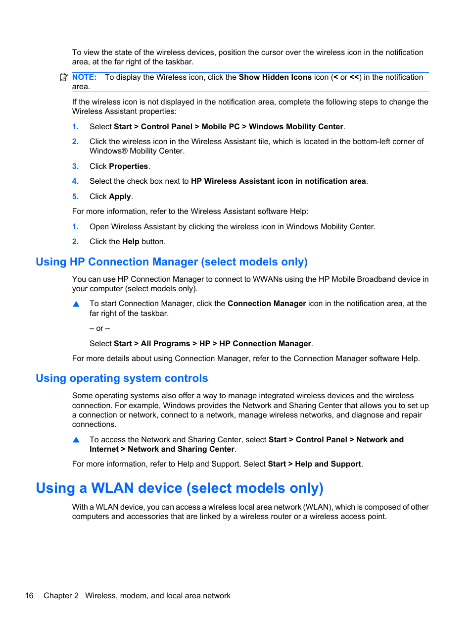 Using hp connection manager (select models only), Using operating system controls, Using a wlan device (select models only) | HP EliteBook 8740w Mobile Workstation User Manual | Page 28 / 152
