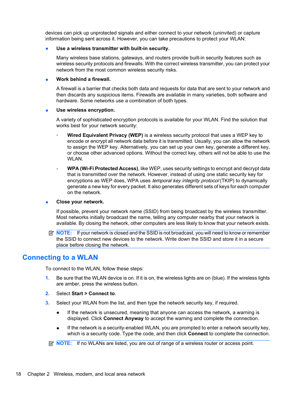 Connecting to a wlan | HP EliteBook 8740w Mobile Workstation User Manual | Page 30 / 152