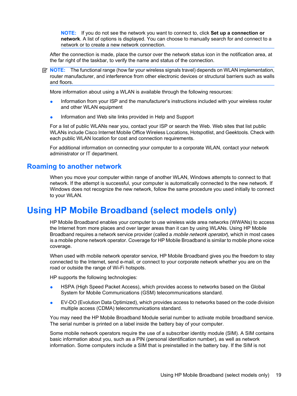 Roaming to another network, Using hp mobile broadband (select models only) | HP EliteBook 8740w Mobile Workstation User Manual | Page 31 / 152
