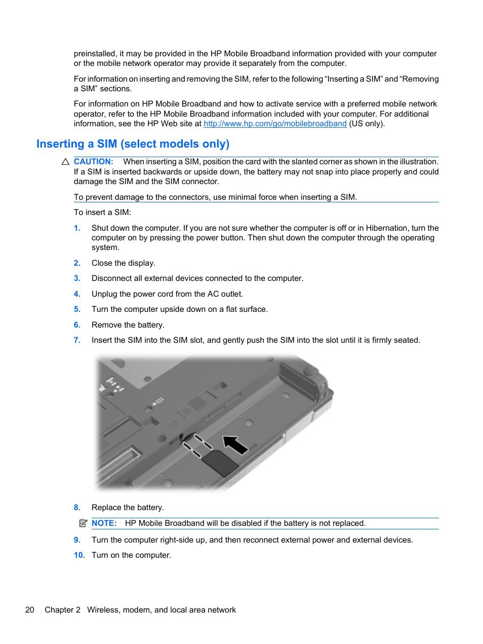 Inserting a sim (select models only) | HP EliteBook 8740w Mobile Workstation User Manual | Page 32 / 152