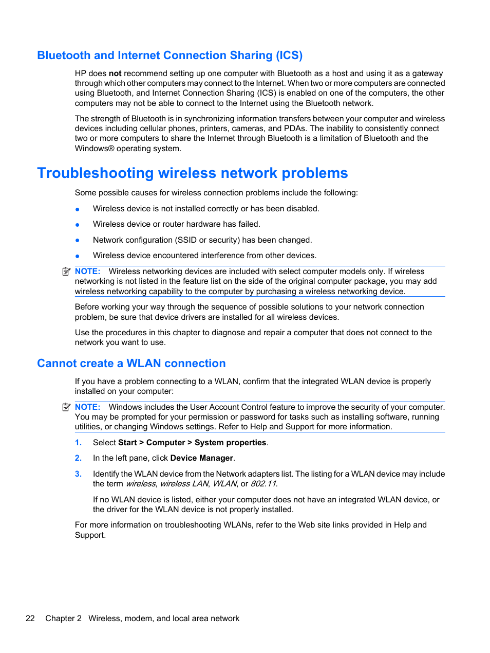 Bluetooth and internet connection sharing (ics), Troubleshooting wireless network problems, Cannot create a wlan connection | HP EliteBook 8740w Mobile Workstation User Manual | Page 34 / 152