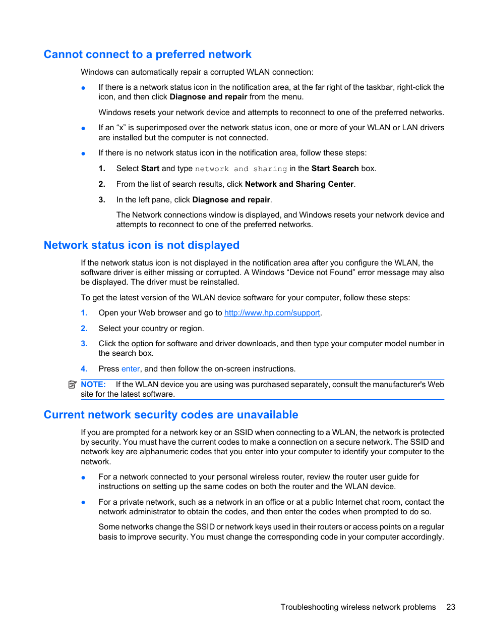 Cannot connect to a preferred network, Network status icon is not displayed, Current network security codes are unavailable | HP EliteBook 8740w Mobile Workstation User Manual | Page 35 / 152