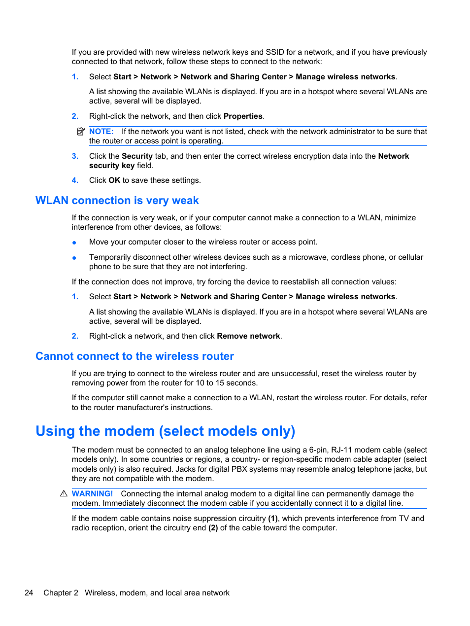 Wlan connection is very weak, Cannot connect to the wireless router, Using the modem (select models only) | HP EliteBook 8740w Mobile Workstation User Manual | Page 36 / 152