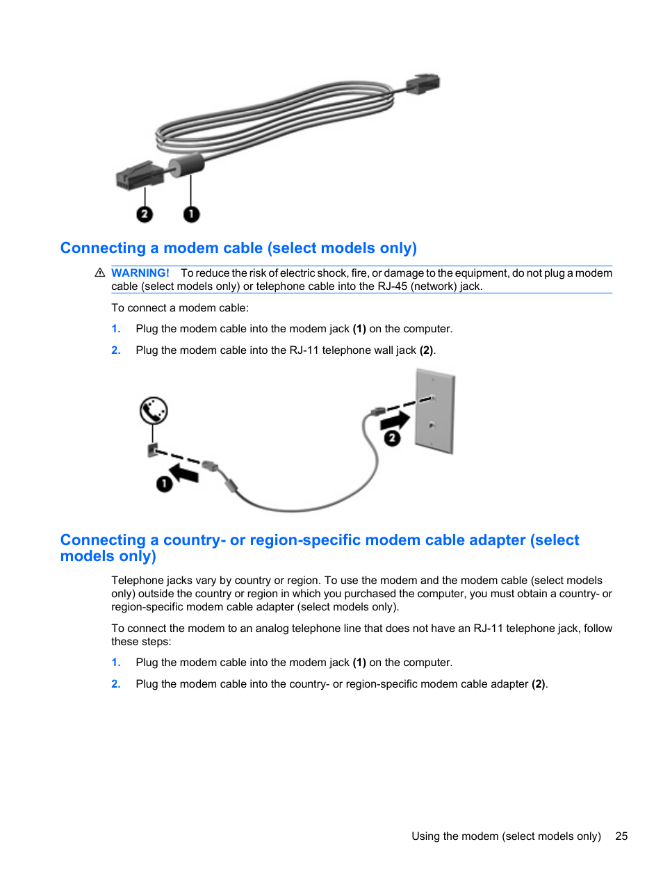 Connecting a modem cable (select models only) | HP EliteBook 8740w Mobile Workstation User Manual | Page 37 / 152