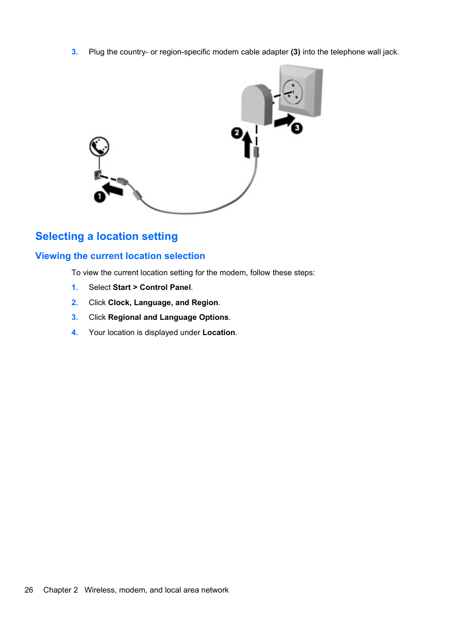 Selecting a location setting, Viewing the current location selection | HP EliteBook 8740w Mobile Workstation User Manual | Page 38 / 152