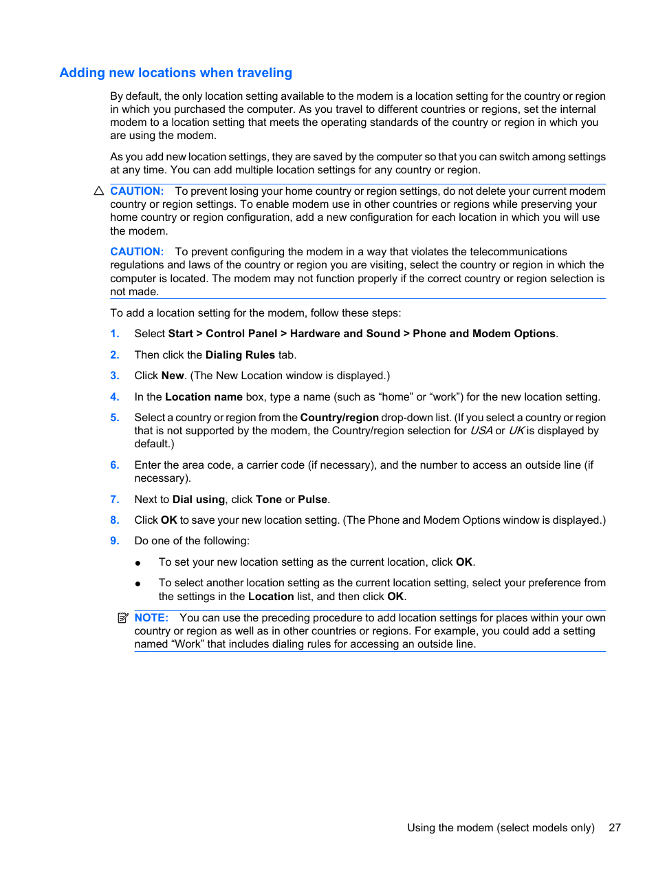 Adding new locations when traveling | HP EliteBook 8740w Mobile Workstation User Manual | Page 39 / 152