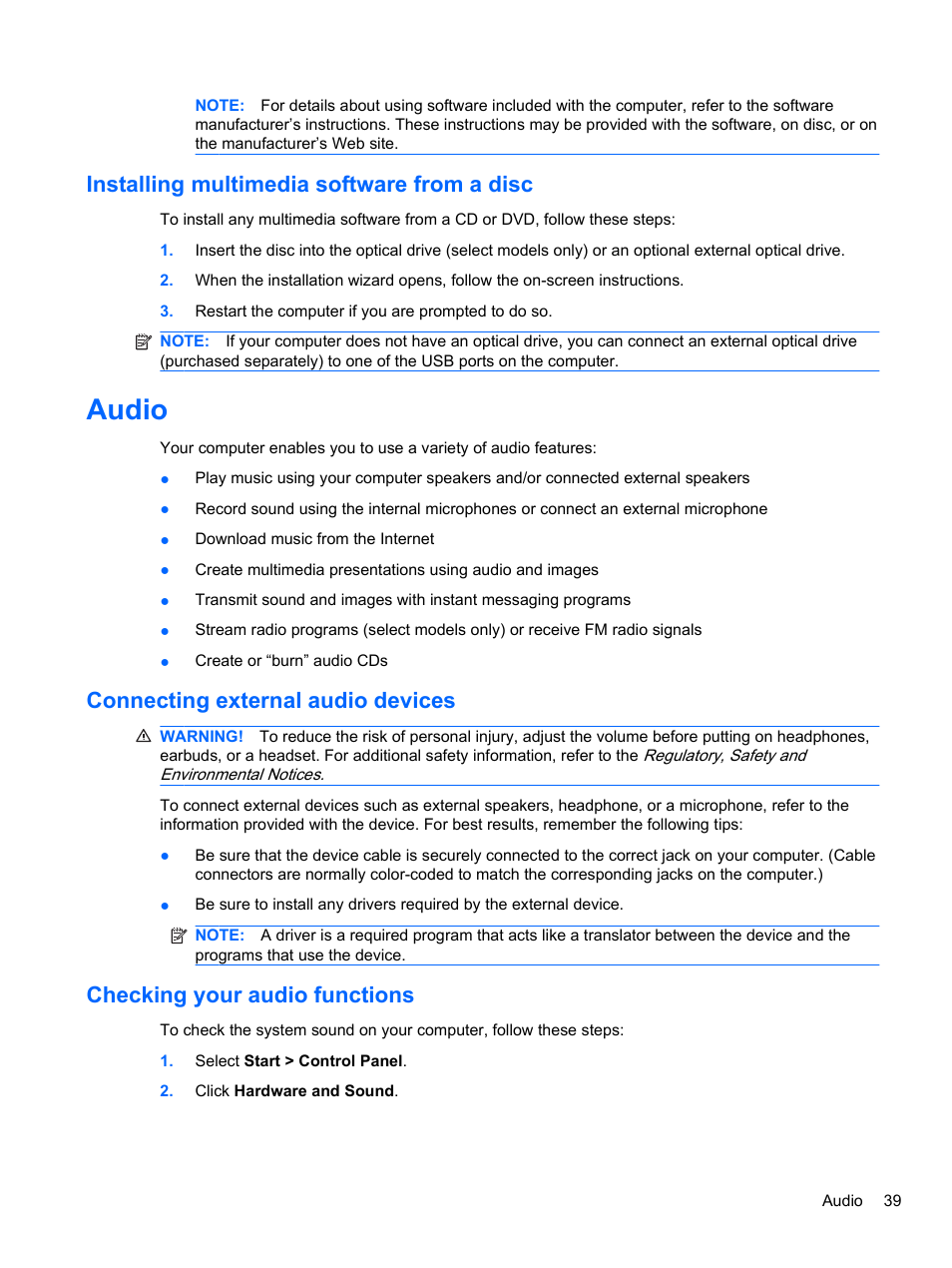 Installing multimedia software from a disc, Audio, Connecting external audio devices | Checking your audio functions | HP EliteBook 8740w Mobile Workstation User Manual | Page 51 / 152