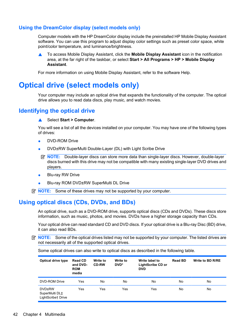 Using the dreamcolor display (select models only), Optical drive (select models only), Identifying the optical drive | Using optical discs (cds, dvds, and bds) | HP EliteBook 8740w Mobile Workstation User Manual | Page 54 / 152