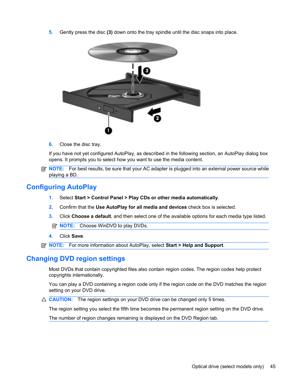 Configuring autoplay, Changing dvd region settings, Configuring autoplay changing dvd region settings | HP EliteBook 8740w Mobile Workstation User Manual | Page 57 / 152