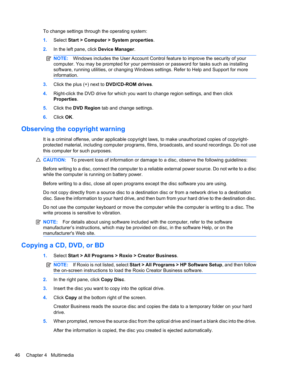 Observing the copyright warning, Copying a cd, dvd, or bd | HP EliteBook 8740w Mobile Workstation User Manual | Page 58 / 152