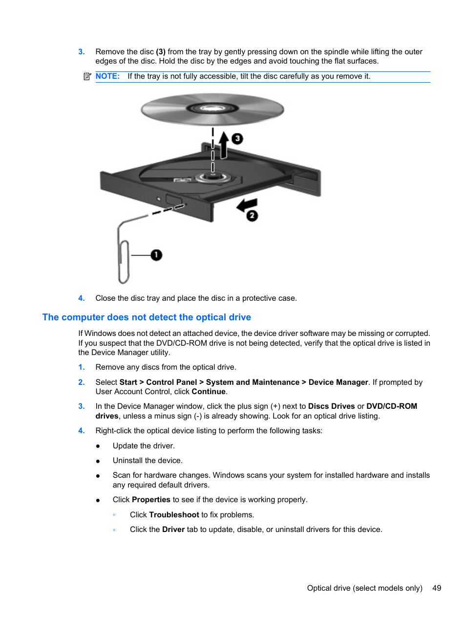 The computer does not detect the optical drive | HP EliteBook 8740w Mobile Workstation User Manual | Page 61 / 152