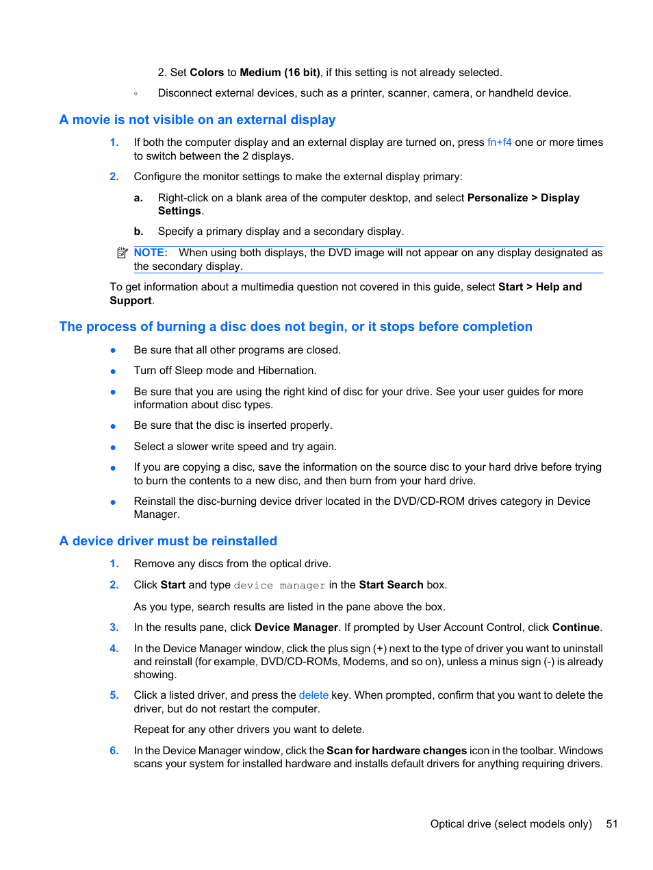 A movie is not visible on an external display, A device driver must be reinstalled | HP EliteBook 8740w Mobile Workstation User Manual | Page 63 / 152