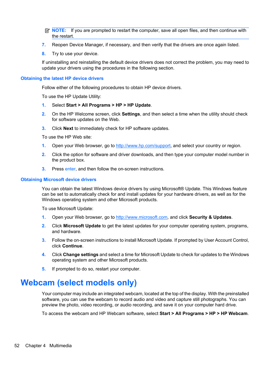 Obtaining the latest hp device drivers, Obtaining microsoft device drivers, Webcam (select models only) | HP EliteBook 8740w Mobile Workstation User Manual | Page 64 / 152