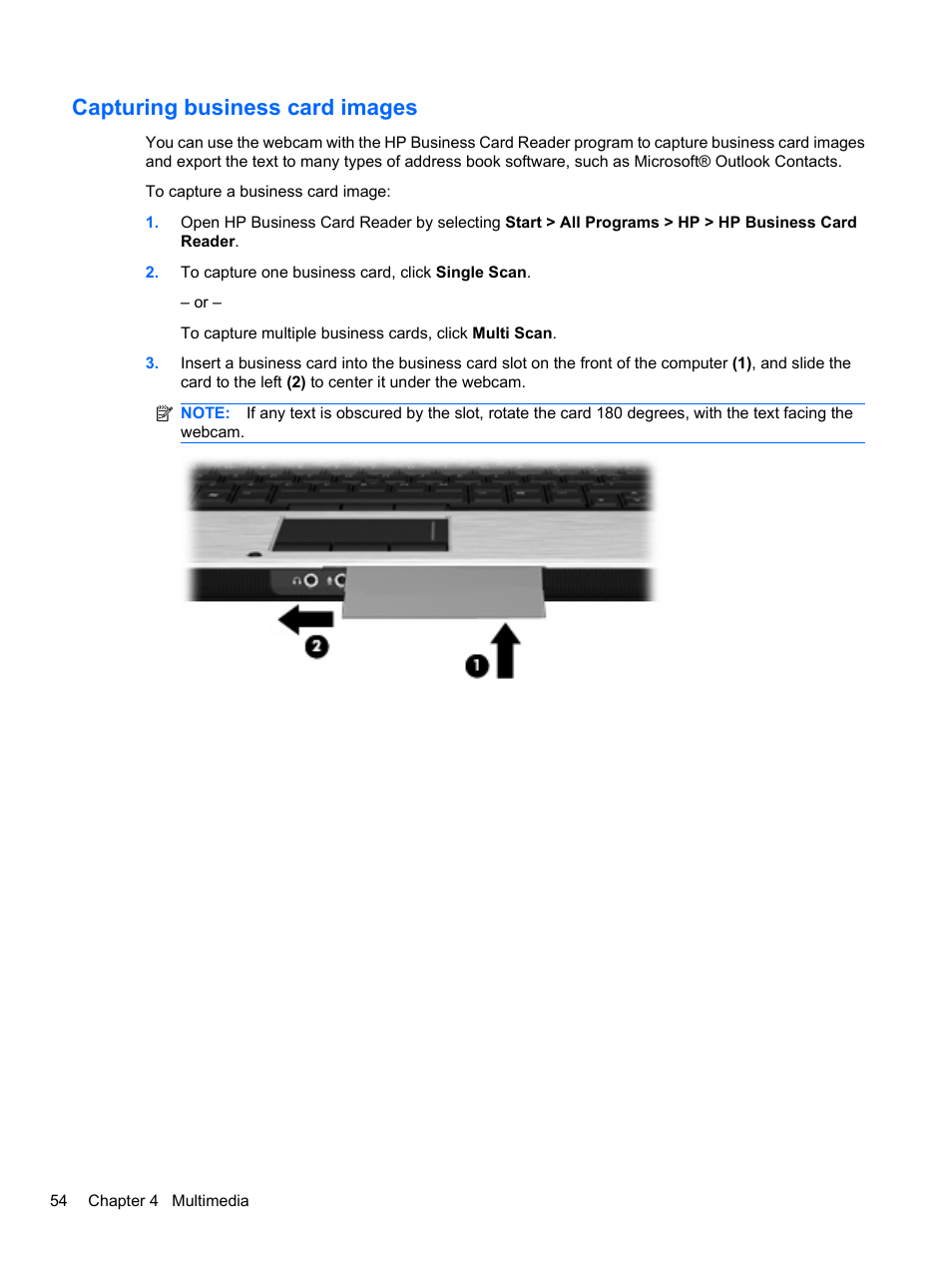 Capturing business card images | HP EliteBook 8740w Mobile Workstation User Manual | Page 66 / 152