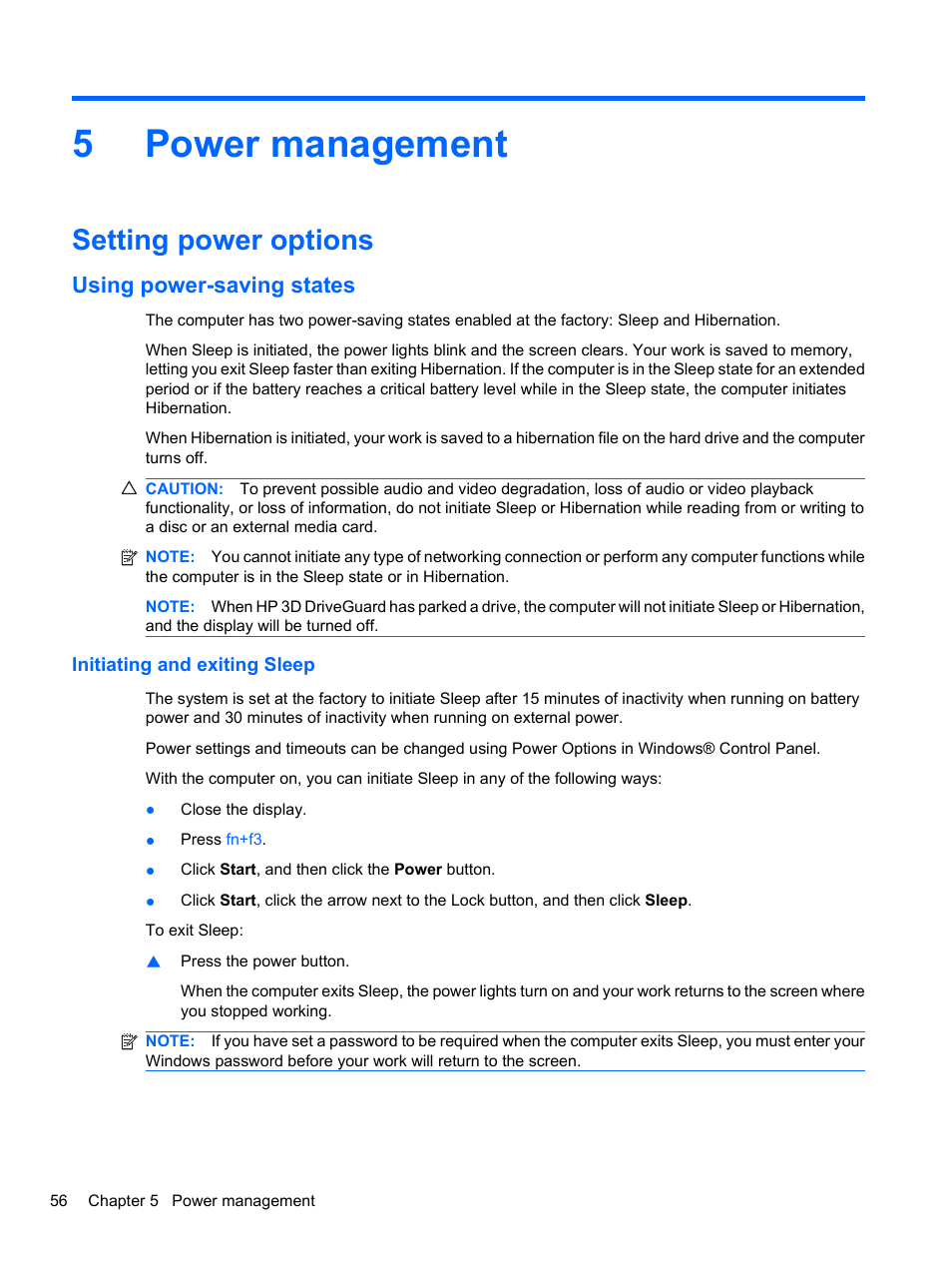Power management, Setting power options, Using power-saving states | Initiating and exiting sleep, 5 power management, 5power management | HP EliteBook 8740w Mobile Workstation User Manual | Page 68 / 152