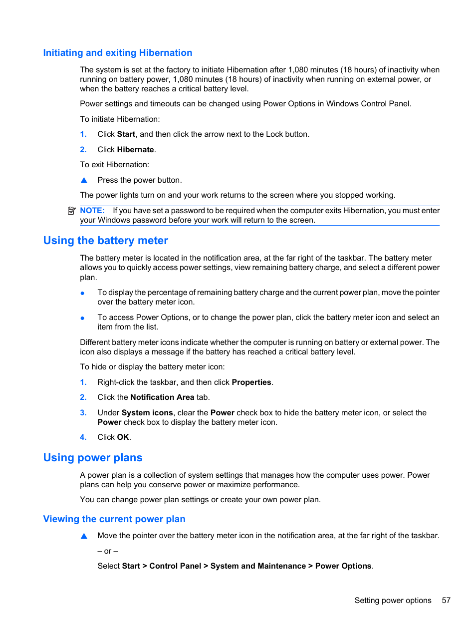 Initiating and exiting hibernation, Using the battery meter, Using power plans | Viewing the current power plan | HP EliteBook 8740w Mobile Workstation User Manual | Page 69 / 152