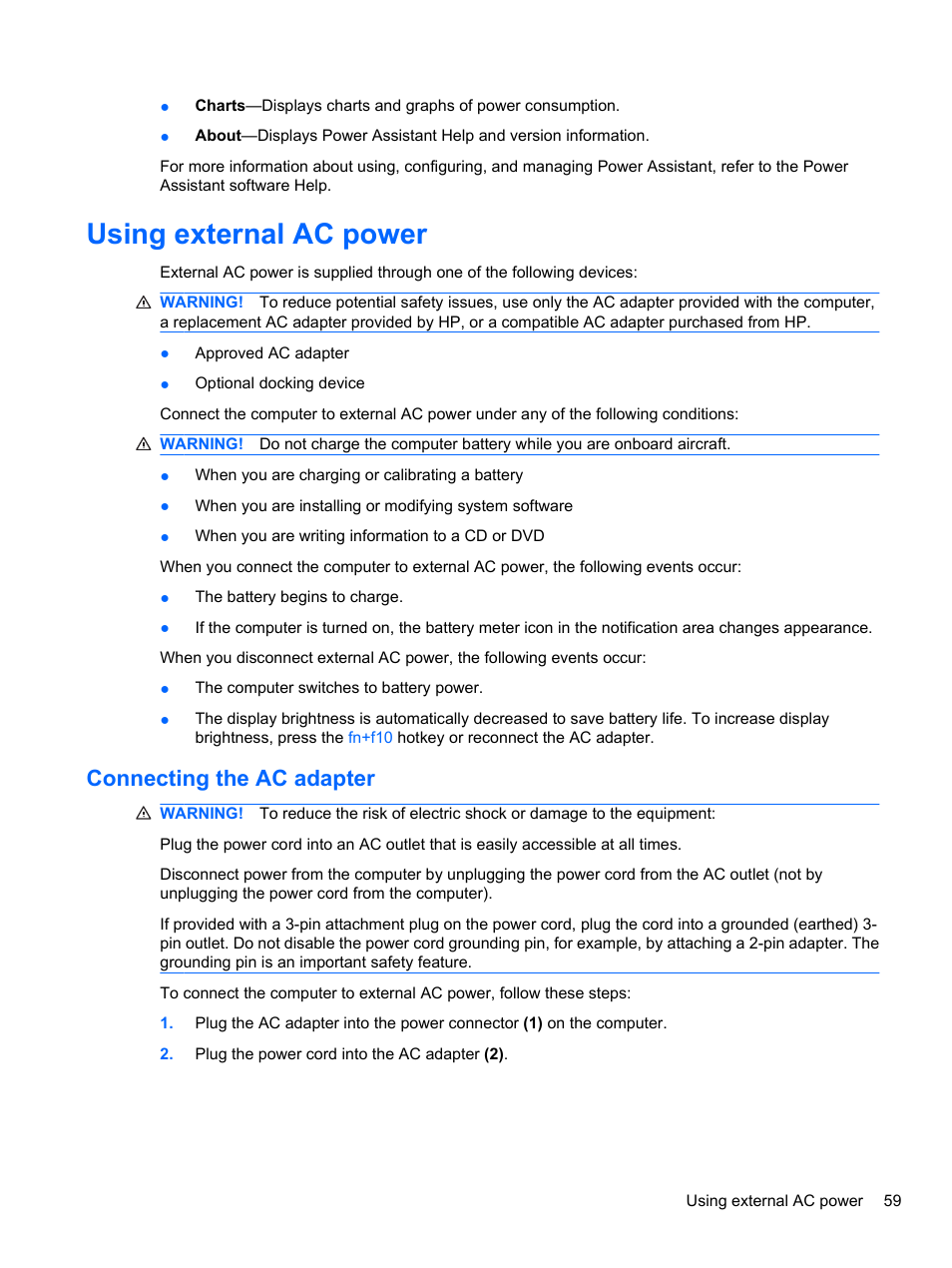 Using external ac power, Connecting the ac adapter | HP EliteBook 8740w Mobile Workstation User Manual | Page 71 / 152