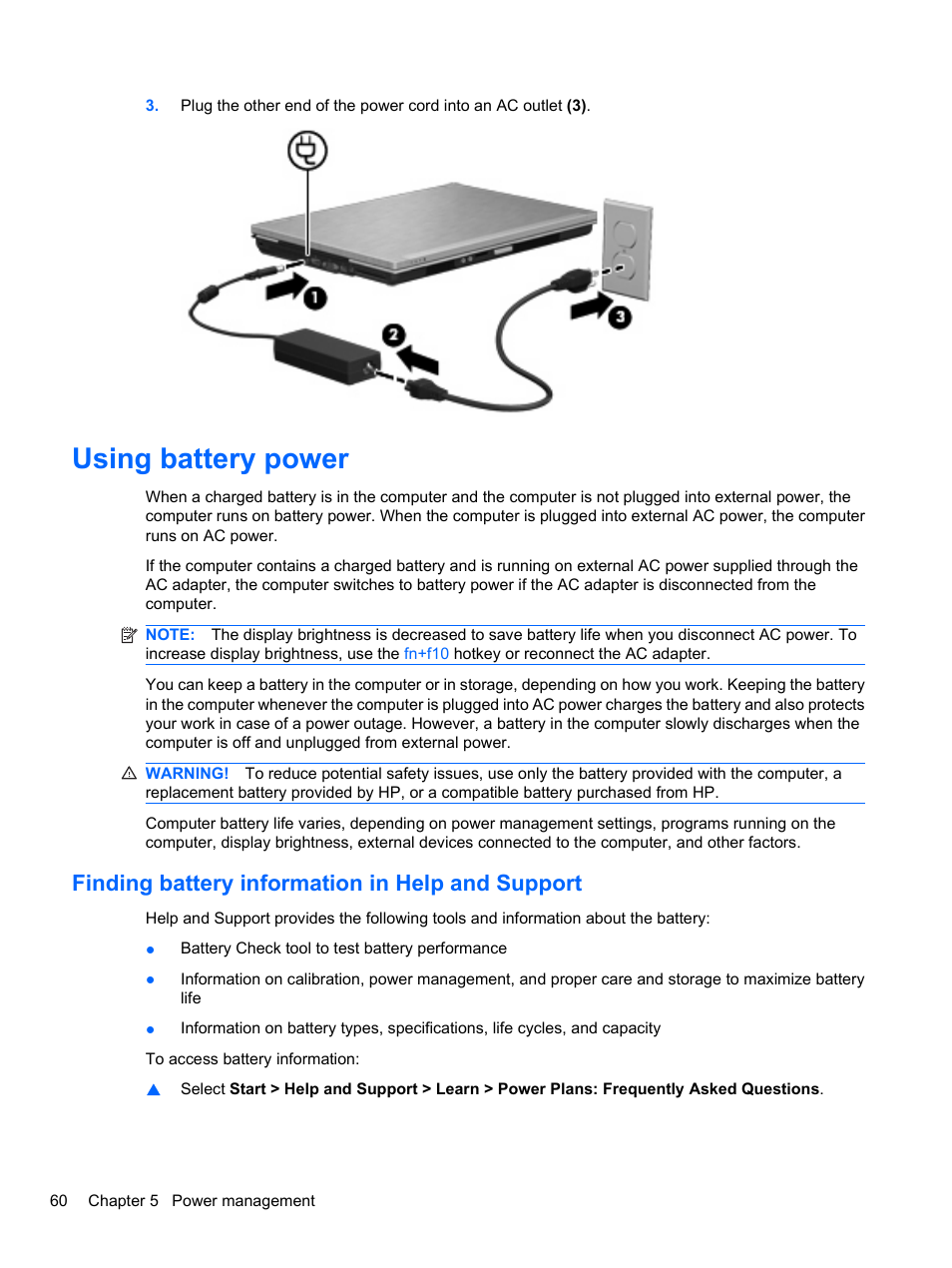 Using battery power, Finding battery information in help and support | HP EliteBook 8740w Mobile Workstation User Manual | Page 72 / 152
