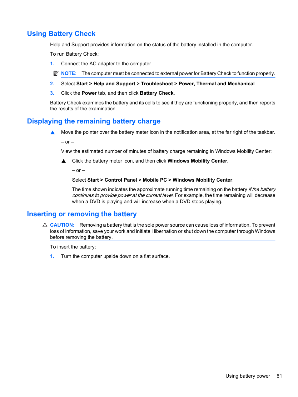 Using battery check, Displaying the remaining battery charge, Inserting or removing the battery | HP EliteBook 8740w Mobile Workstation User Manual | Page 73 / 152