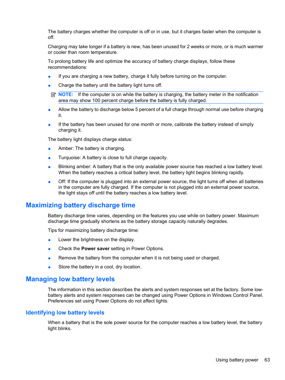 Maximizing battery discharge time, Managing low battery levels, Identifying low battery levels | HP EliteBook 8740w Mobile Workstation User Manual | Page 75 / 152