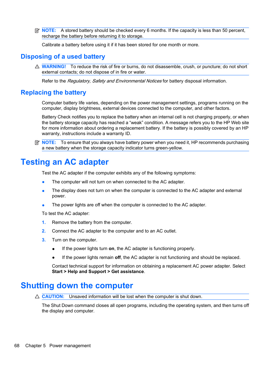 Disposing of a used battery, Replacing the battery, Testing an ac adapter | Shutting down the computer, Disposing of a used battery replacing the battery, Testing an ac adapter shutting down the computer | HP EliteBook 8740w Mobile Workstation User Manual | Page 80 / 152