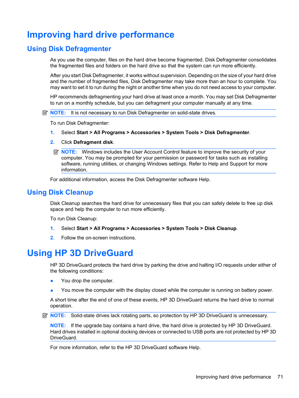 Improving hard drive performance, Using disk defragmenter, Using disk cleanup | Using hp 3d driveguard | HP EliteBook 8740w Mobile Workstation User Manual | Page 83 / 152