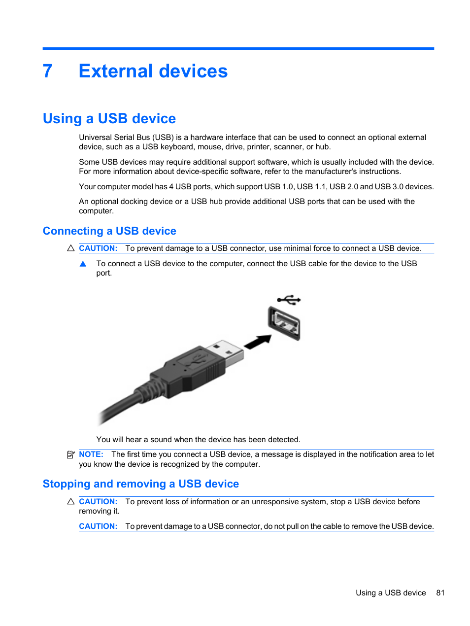 External devices, Using a usb device, Connecting a usb device | Stopping and removing a usb device, 7 external devices, 7external devices | HP EliteBook 8740w Mobile Workstation User Manual | Page 93 / 152