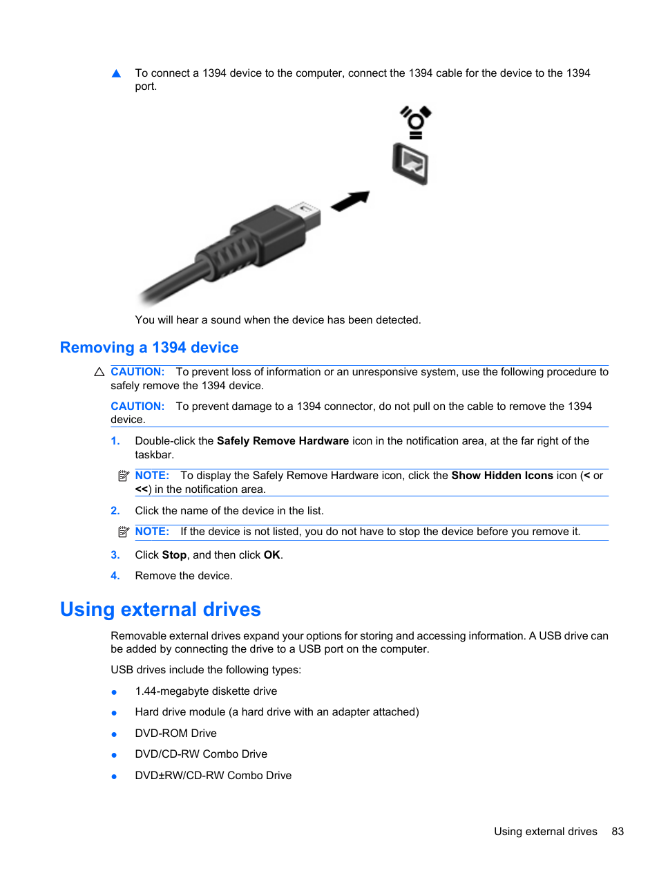 Removing a 1394 device, Using external drives | HP EliteBook 8740w Mobile Workstation User Manual | Page 95 / 152