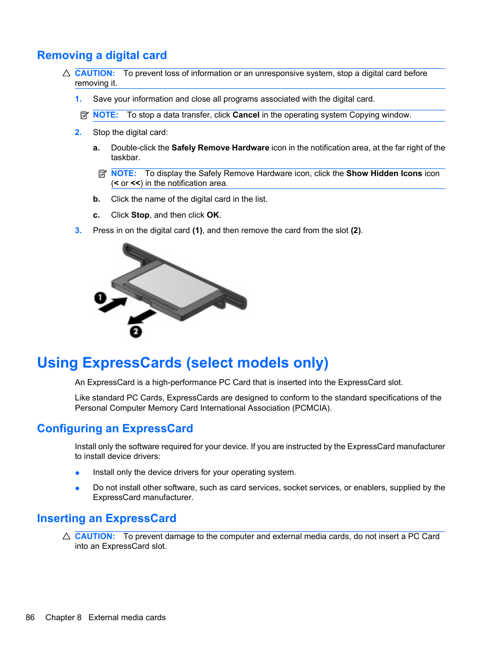 Removing a digital card, Using expresscards (select models only), Configuring an expresscard | Inserting an expresscard | HP EliteBook 8740w Mobile Workstation User Manual | Page 98 / 152