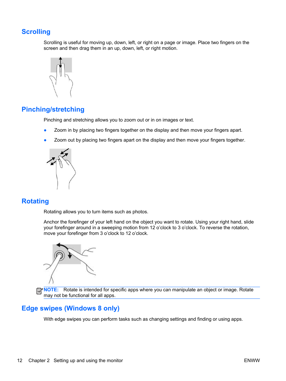 Scrolling, Pinching/stretching, Rotating | Edge swipes (windows 8 only) | HP Pavilion 23tm 23-inch Diagonal Touch Monitor User Manual | Page 18 / 26