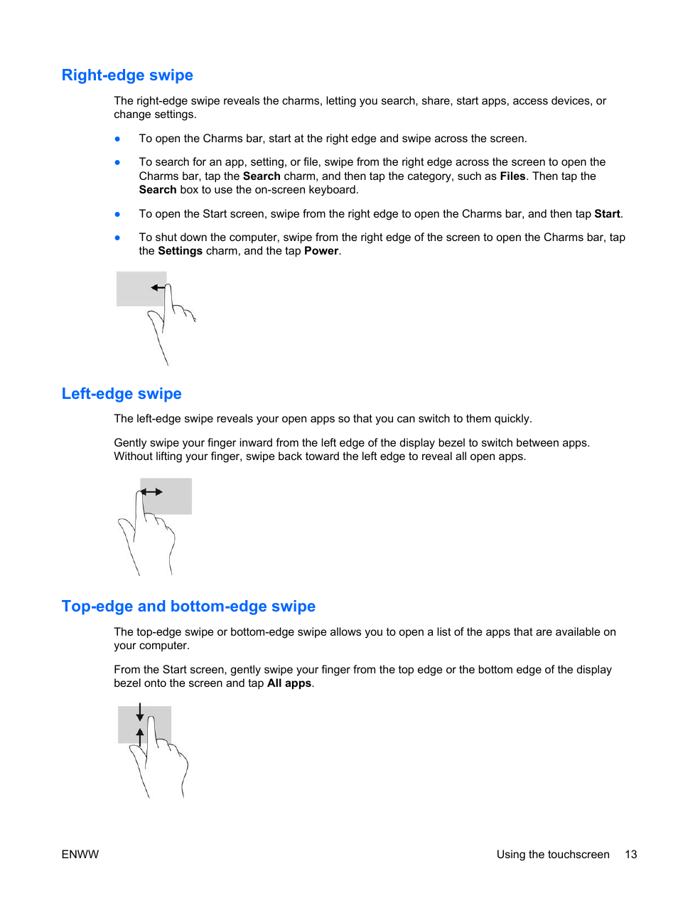 Right-edge swipe, Left-edge swipe, Top-edge and bottom-edge swipe | HP Pavilion 23tm 23-inch Diagonal Touch Monitor User Manual | Page 19 / 26