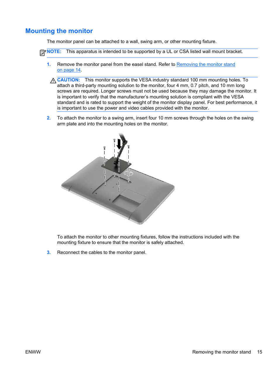 Mounting the monitor | HP Pavilion 23tm 23-inch Diagonal Touch Monitor User Manual | Page 21 / 26