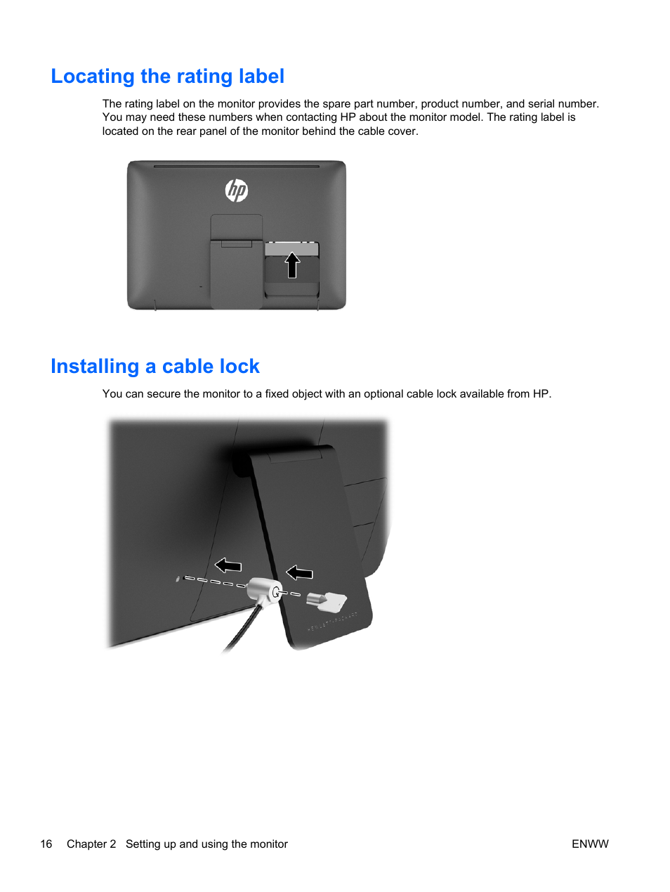 Locating the rating label, Installing a cable lock, Locating the rating label installing a cable lock | HP Pavilion 23tm 23-inch Diagonal Touch Monitor User Manual | Page 22 / 26