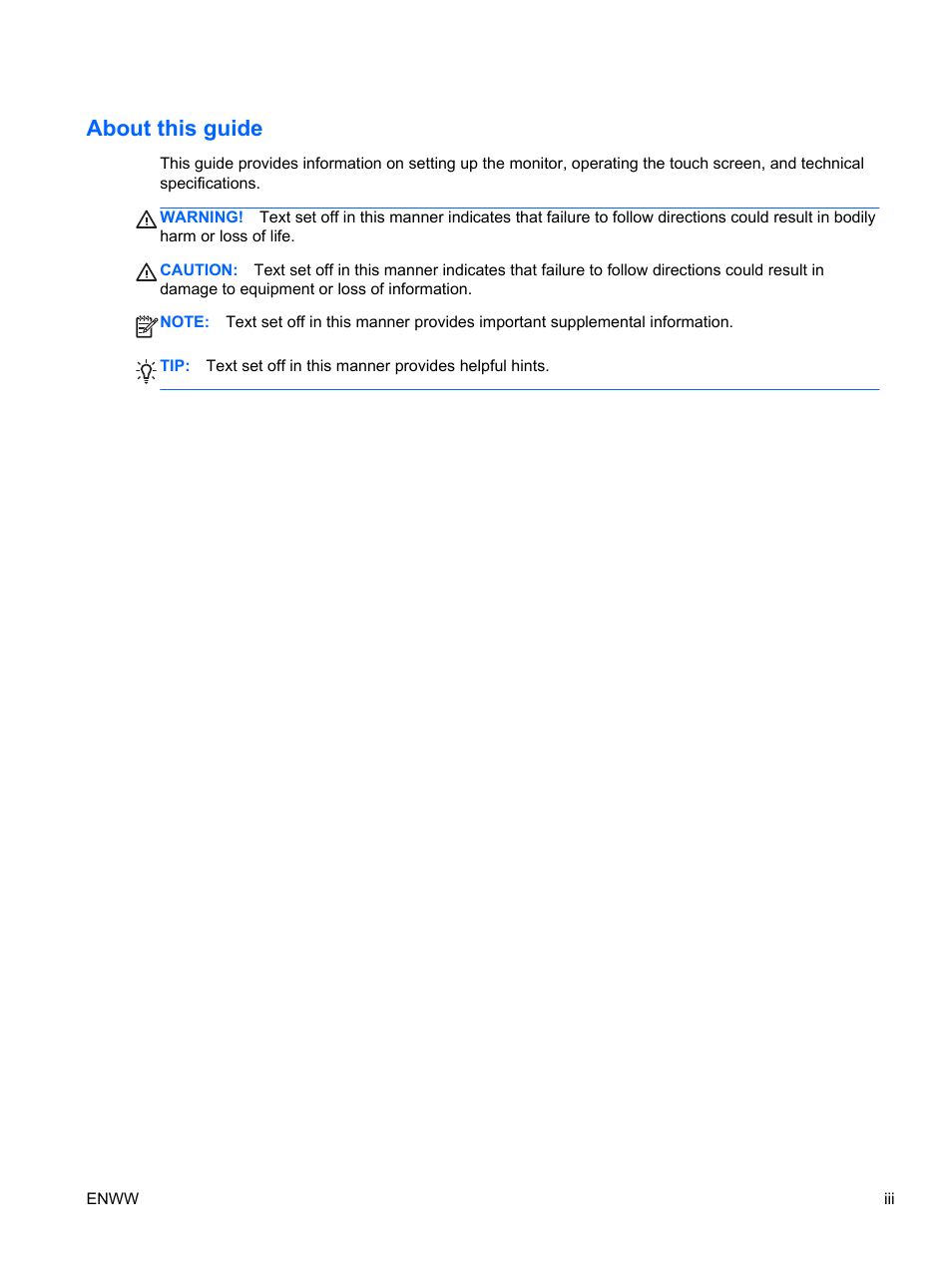 About this guide | HP Pavilion 23tm 23-inch Diagonal Touch Monitor User Manual | Page 3 / 26