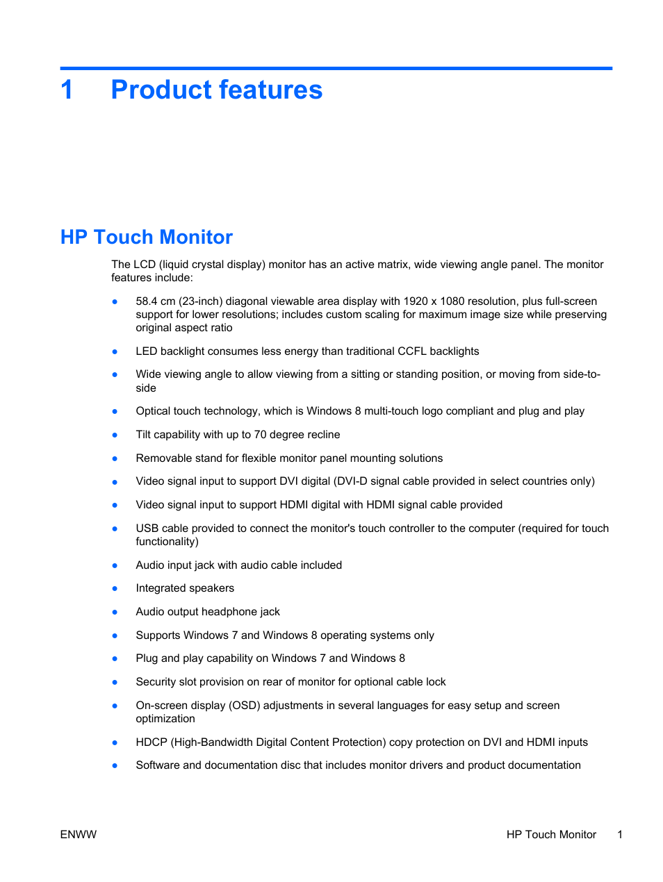 Product features, Hp touch monitor, 1 product features | 1product features | HP Pavilion 23tm 23-inch Diagonal Touch Monitor User Manual | Page 7 / 26