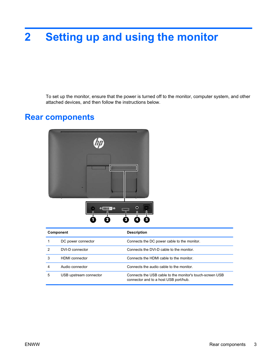 Setting up and using the monitor, Rear components, 2 setting up and using the monitor | 2setting up and using the monitor | HP Pavilion 23tm 23-inch Diagonal Touch Monitor User Manual | Page 9 / 26