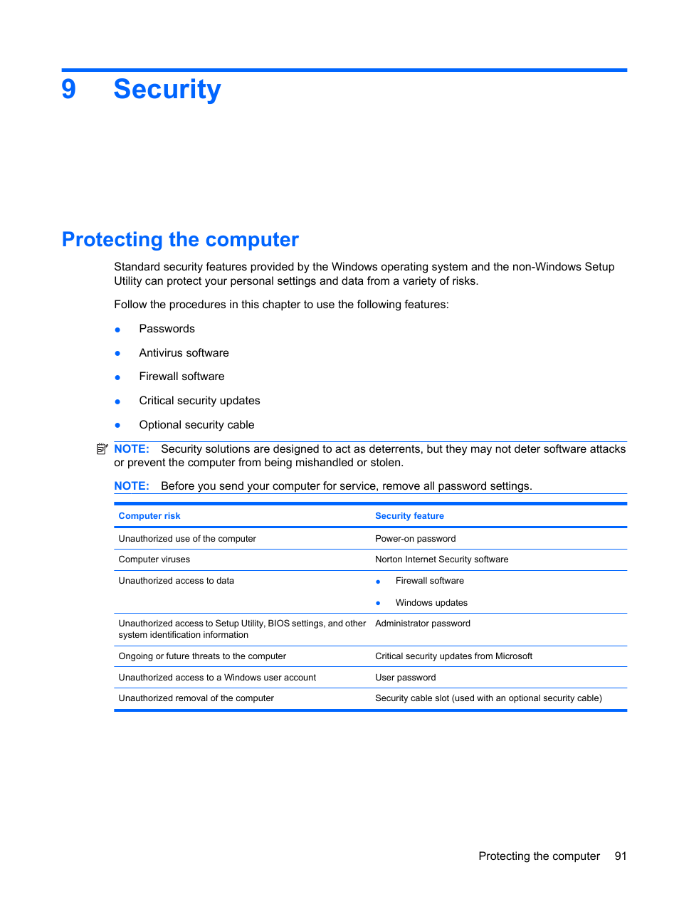 Security, Protecting the computer, 9 security | 9security | HP G62-a21EZ Notebook PC User Manual | Page 101 / 126